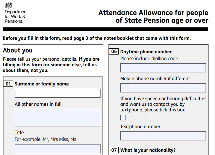 Attendance Allowance UK What is UK Attendance Allowance 2024? Form